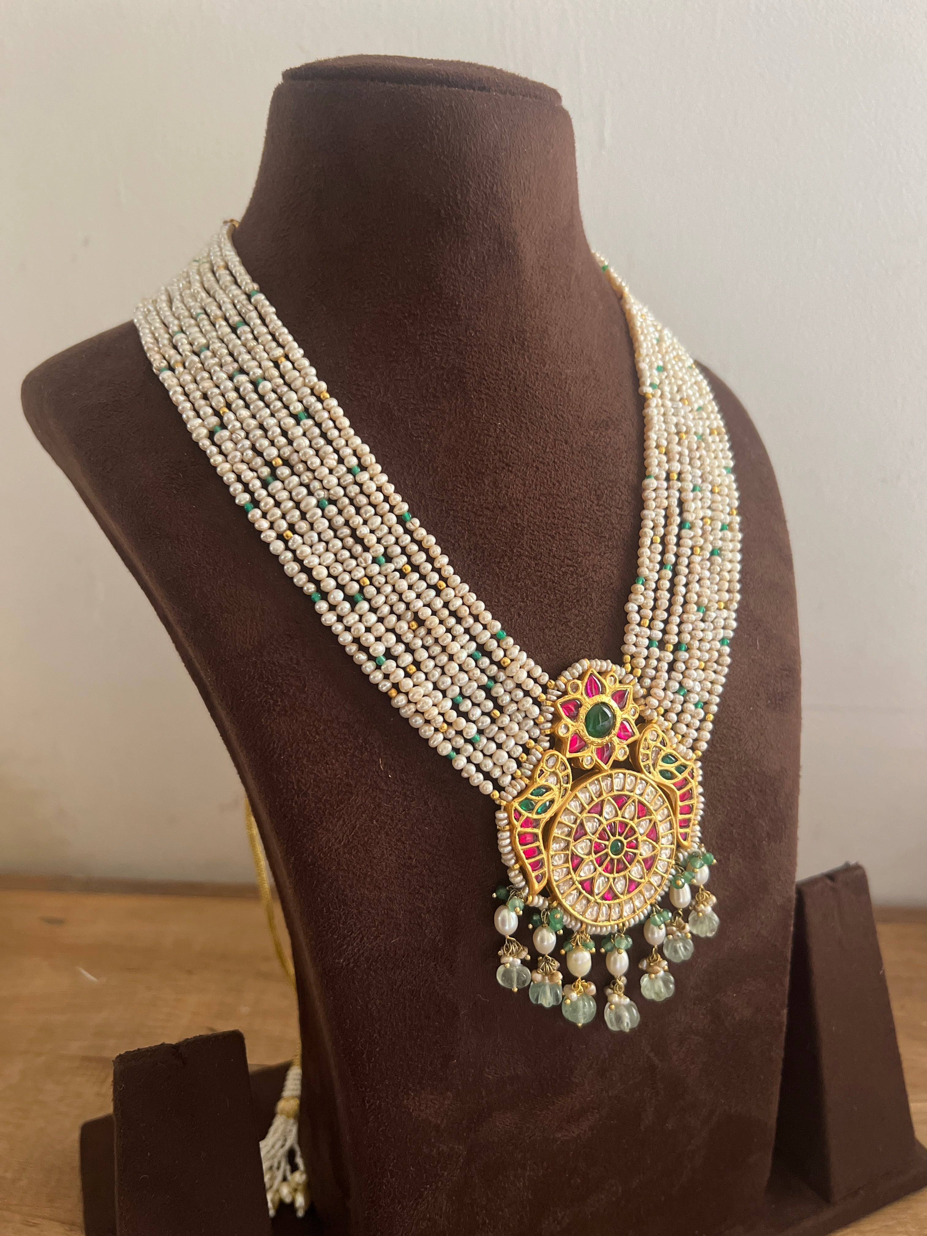 Kundan pendant with pearls & green beads pearls necklace-Silver Neckpiece-PL-House of Taamara