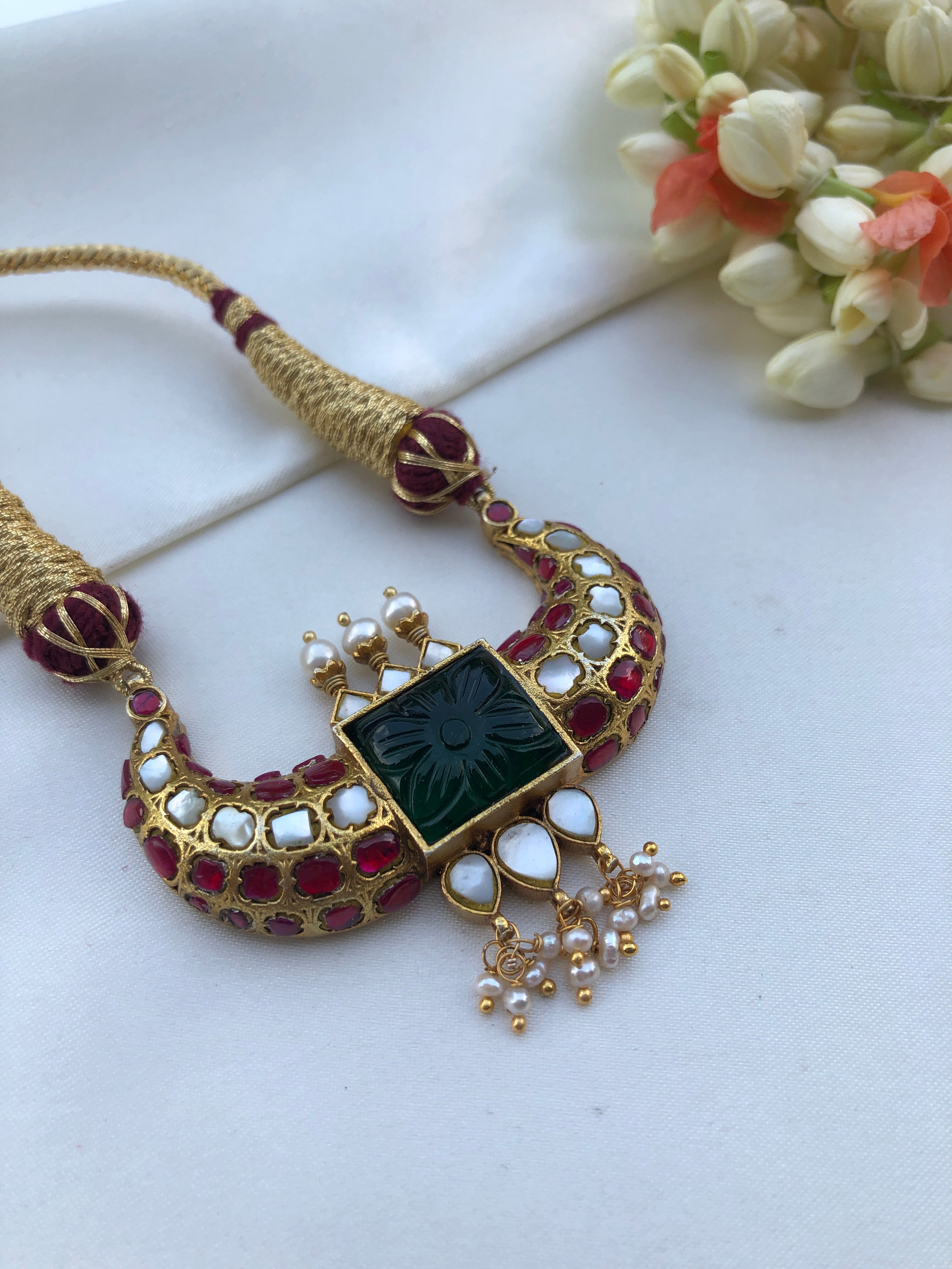 Kundan rajwadan style green carved onyx & enamel thread work Choker-Silver Neckpiece-PL-House of Taamara