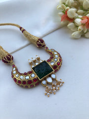 Kundan rajwadan style green carved onyx & enamel thread work Choker-Silver Neckpiece-PL-House of Taamara