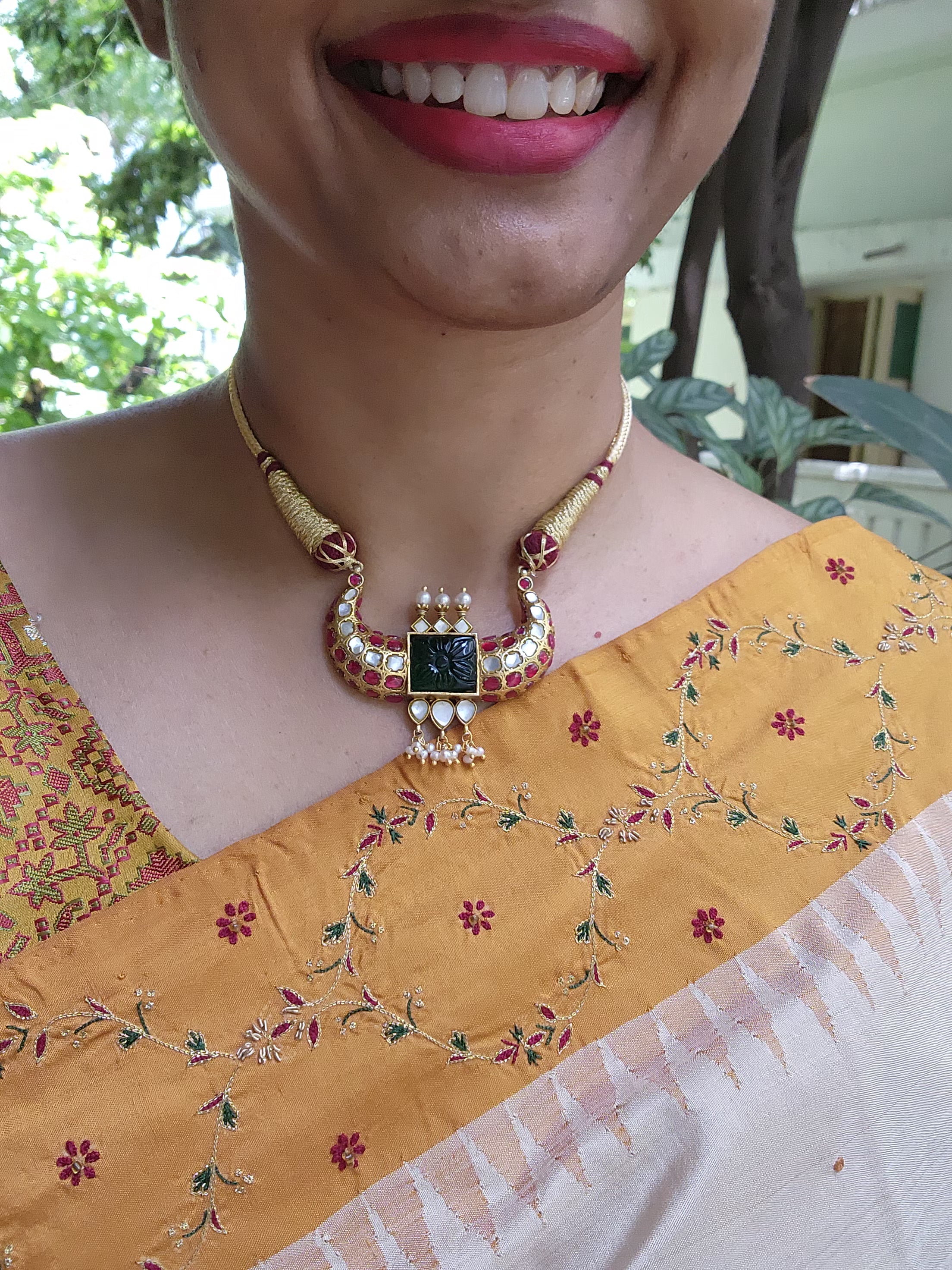 Kundan rajwadan style green carved onyx & enamel thread work Choker-Silver Neckpiece-PL-House of Taamara