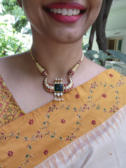 Kundan rajwadan style green carved onyx & enamel thread work Choker-Silver Neckpiece-PL-House of Taamara