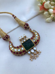 Kundan rajwadan style green carved onyx & enamel thread work Choker-Silver Neckpiece-PL-House of Taamara