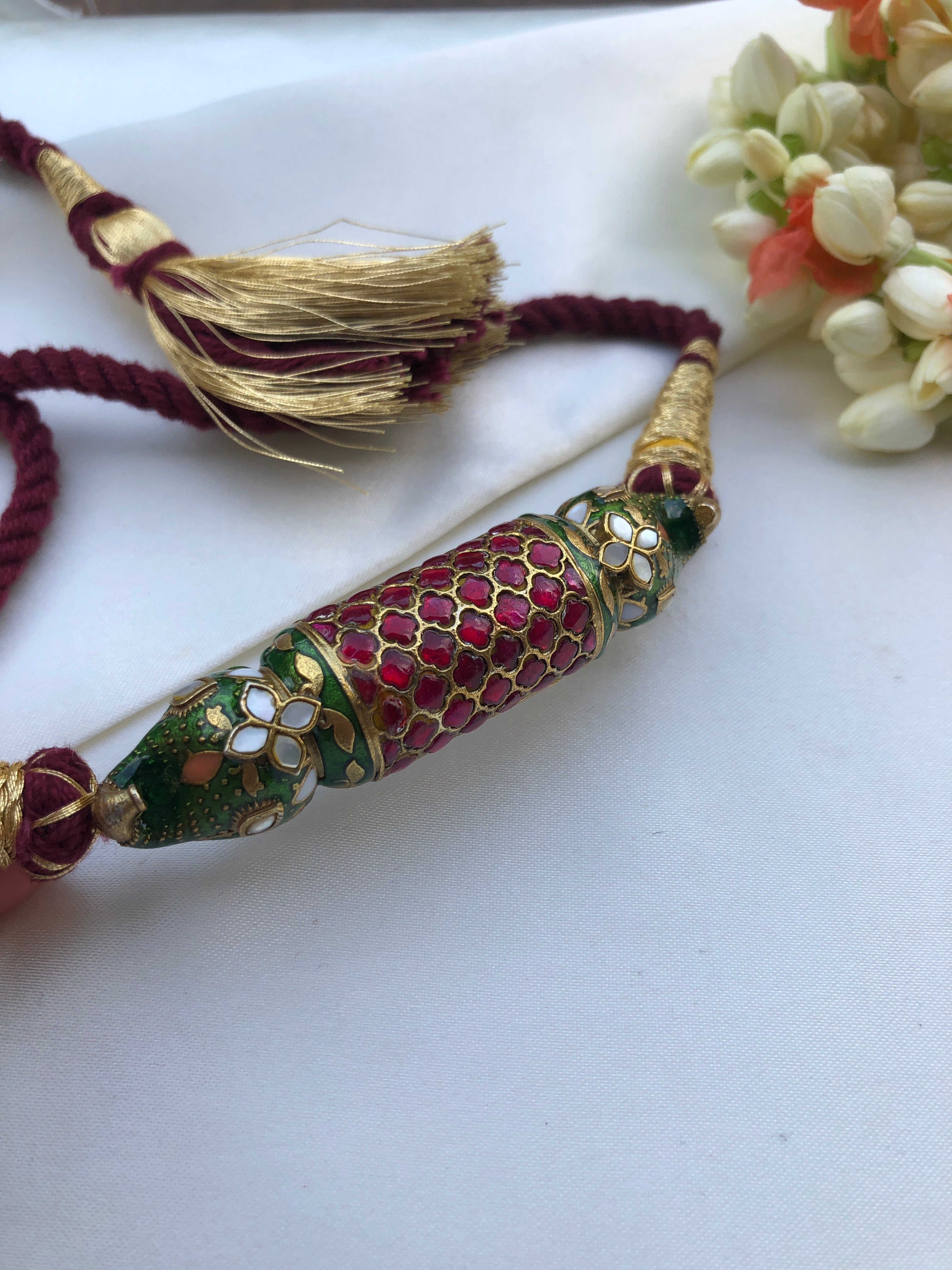 Kundan rajwadan style intricate enamel work thread Choker-Silver Neckpiece-PL-House of Taamara