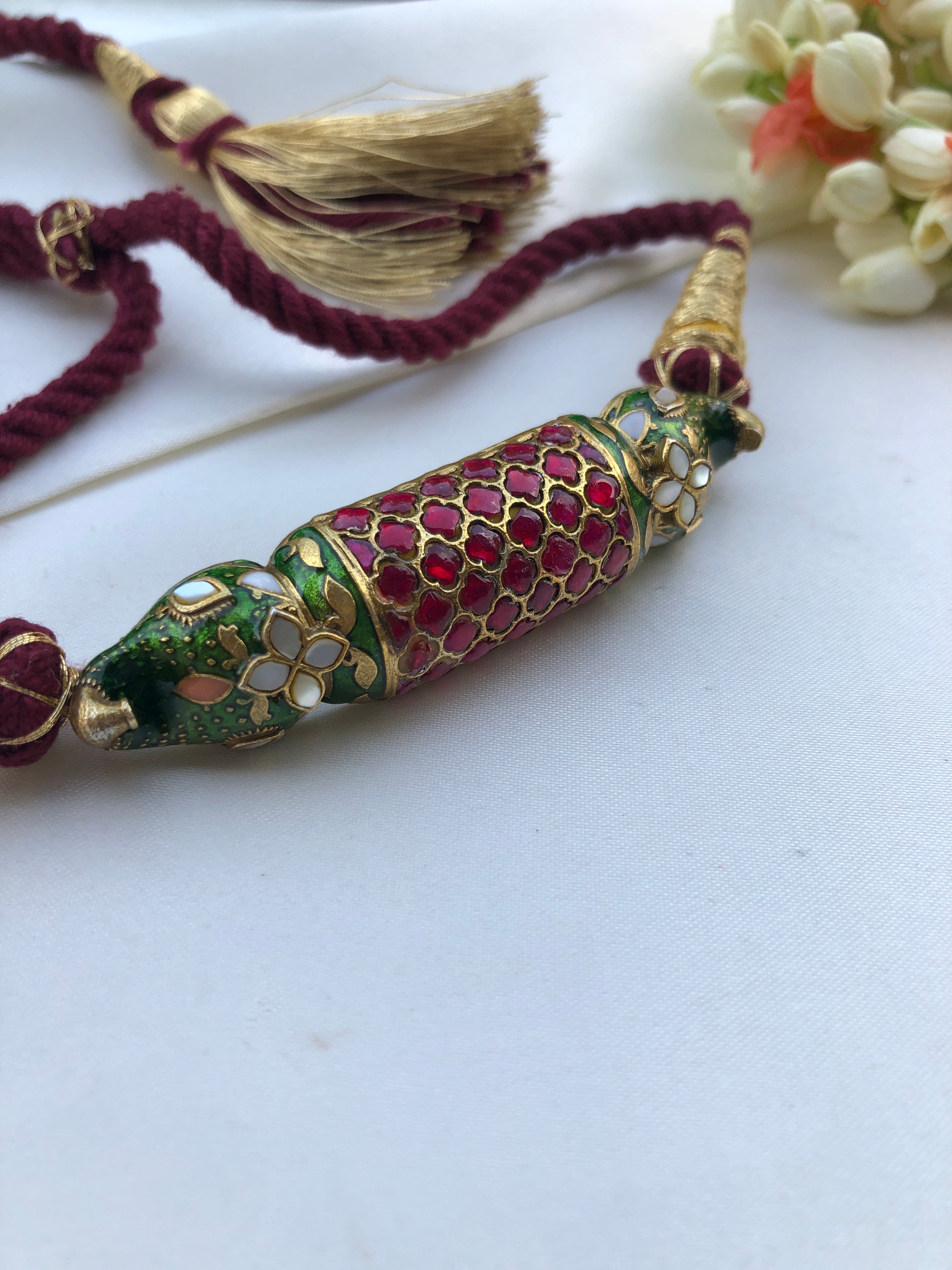 Kundan rajwadan style intricate enamel work thread Choker-Silver Neckpiece-PL-House of Taamara
