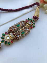 Kundan rajwadan style rubu & ivory enamel work thread Choker-Silver Neckpiece-PL-House of Taamara