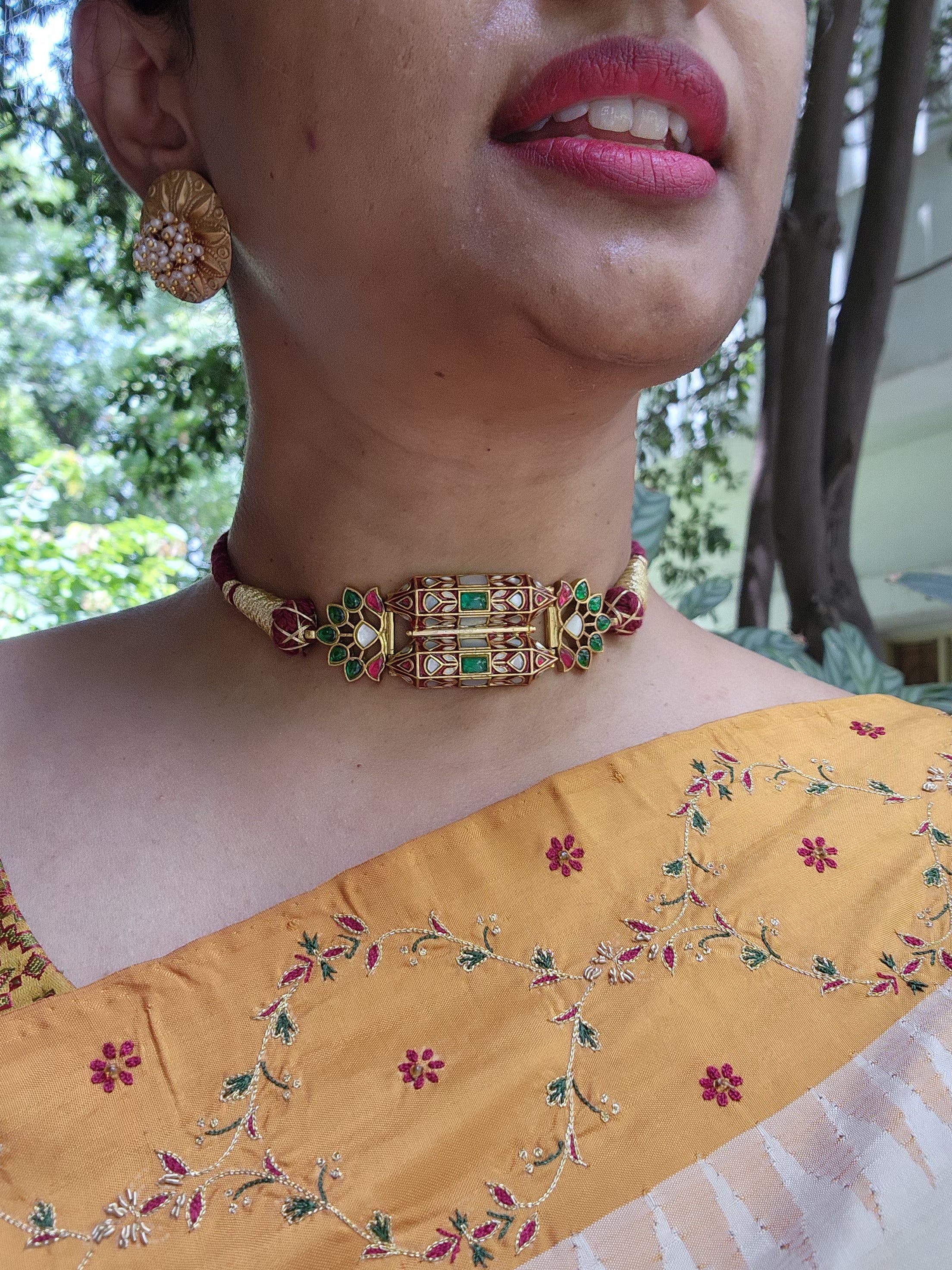Kundan rajwadan style rubu & ivory enamel work thread Choker-Silver Neckpiece-PL-House of Taamara