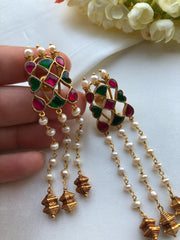 Kundan red and green earrings with pearls bunch-Earrings-PL-House of Taamara