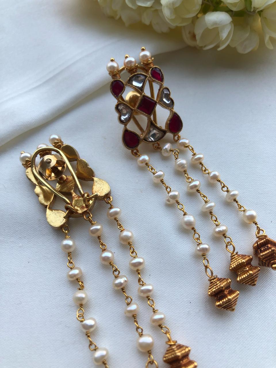 Kundan red and white with pearls long earrings-Earrings-PL-House of Taamara