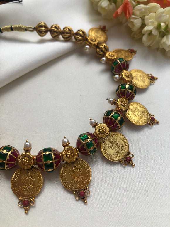 Kundan round beads with kasu coins, pearls & antique style beads-Silver Neckpiece-PL-House of Taamara