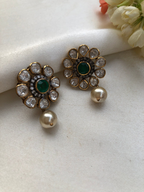 Kundan round earrings with green stone and pearl drop (MADE TO ORDER)-Earrings-PL-House of Taamara