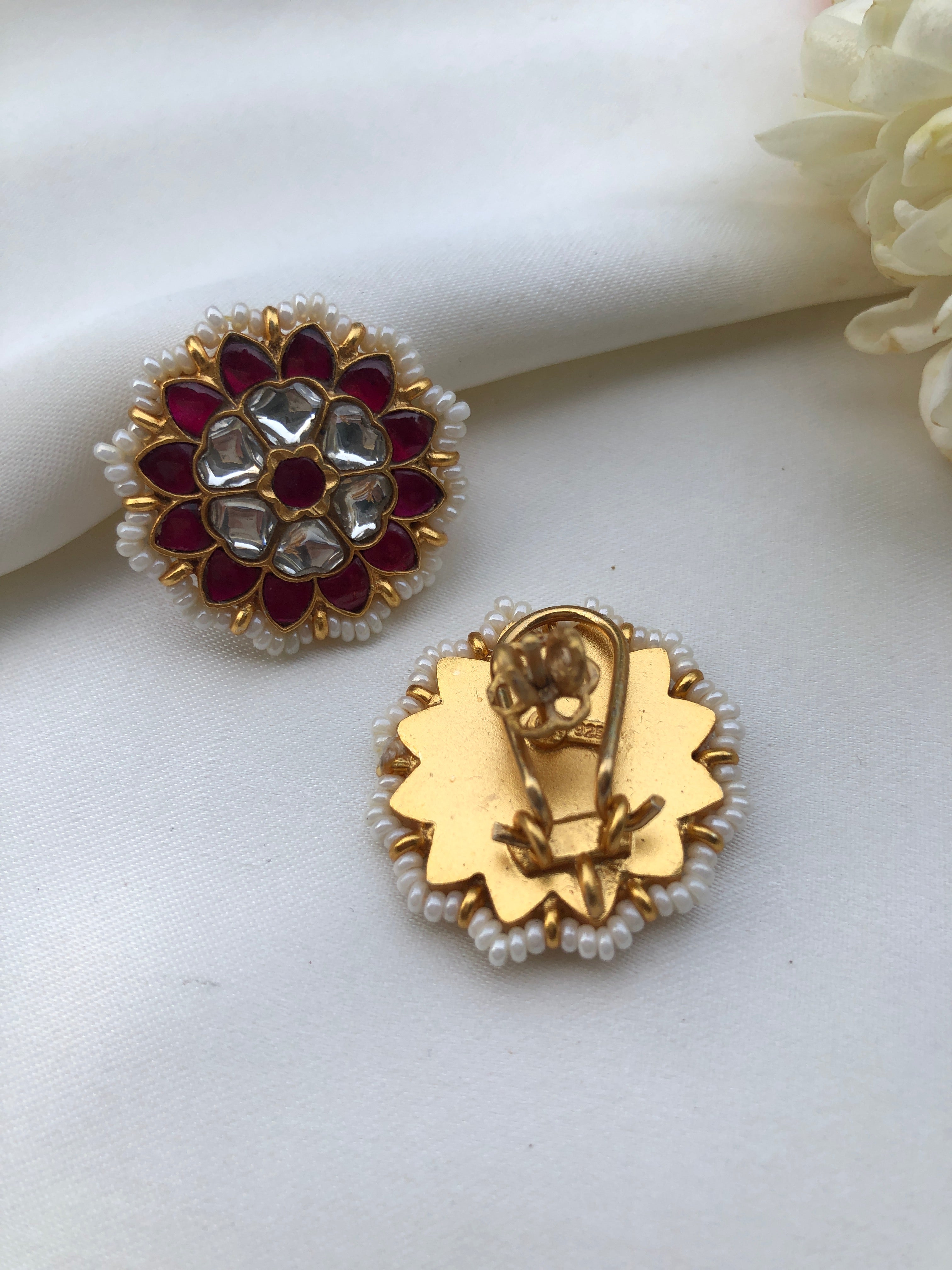 Kundan round earrings with pearls around-Earrings-PL-House of Taamara