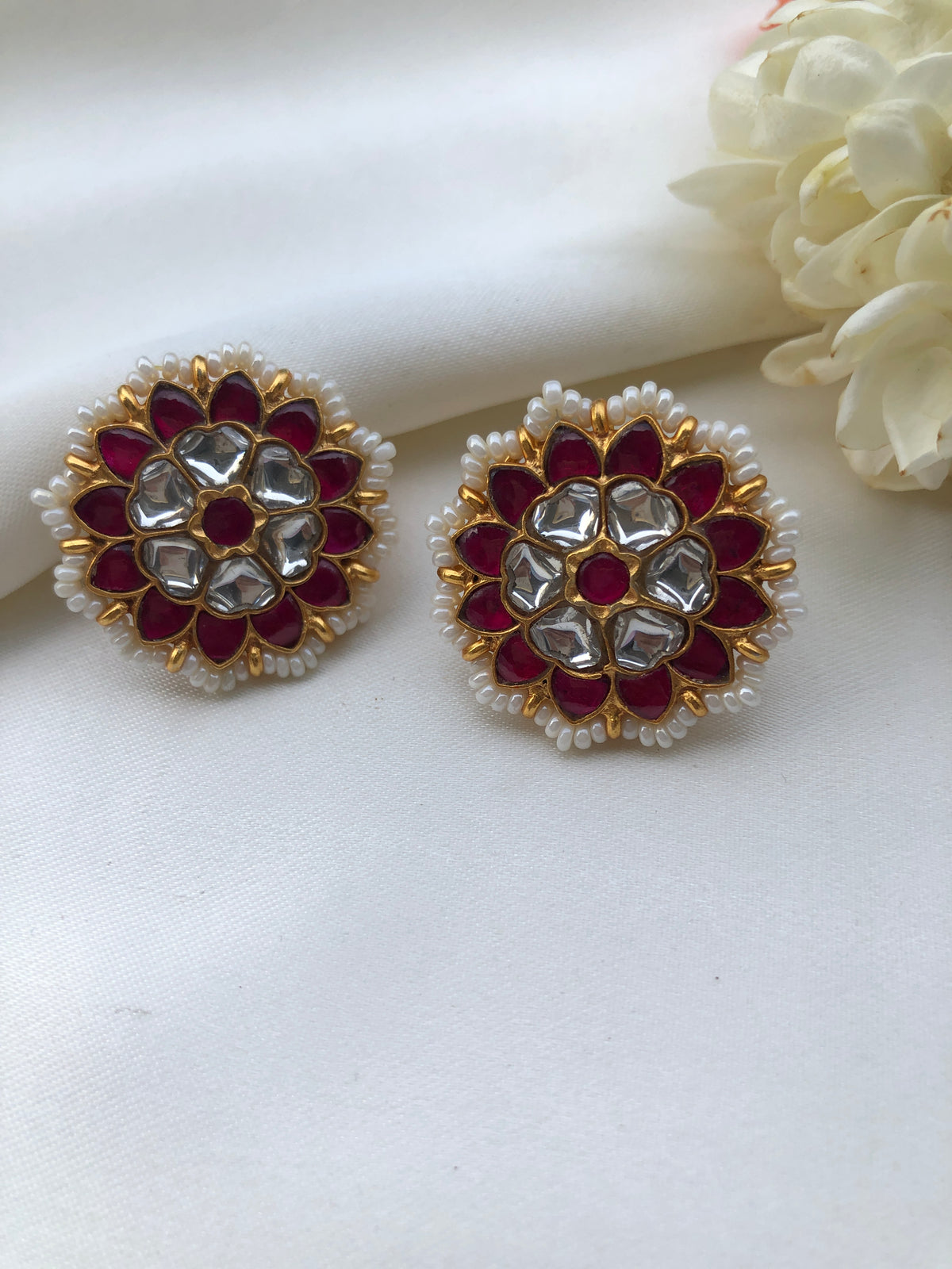 Kundan round earrings with pearls around-Earrings-PL-House of Taamara