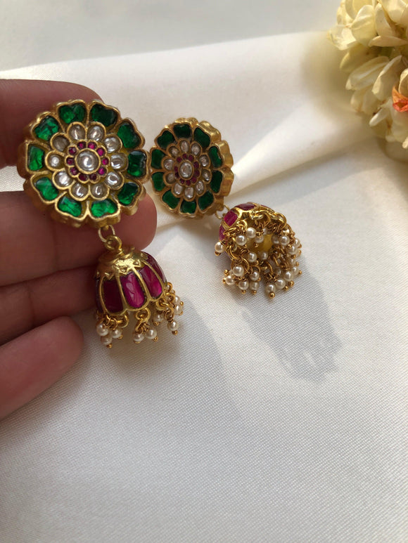 Kundan round green & ruby kundan jhumkas with pearls-Earrings-PL-House of Taamara