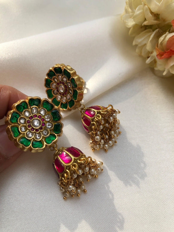 Kundan round green & ruby kundan jhumkas with pearls-Earrings-PL-House of Taamara