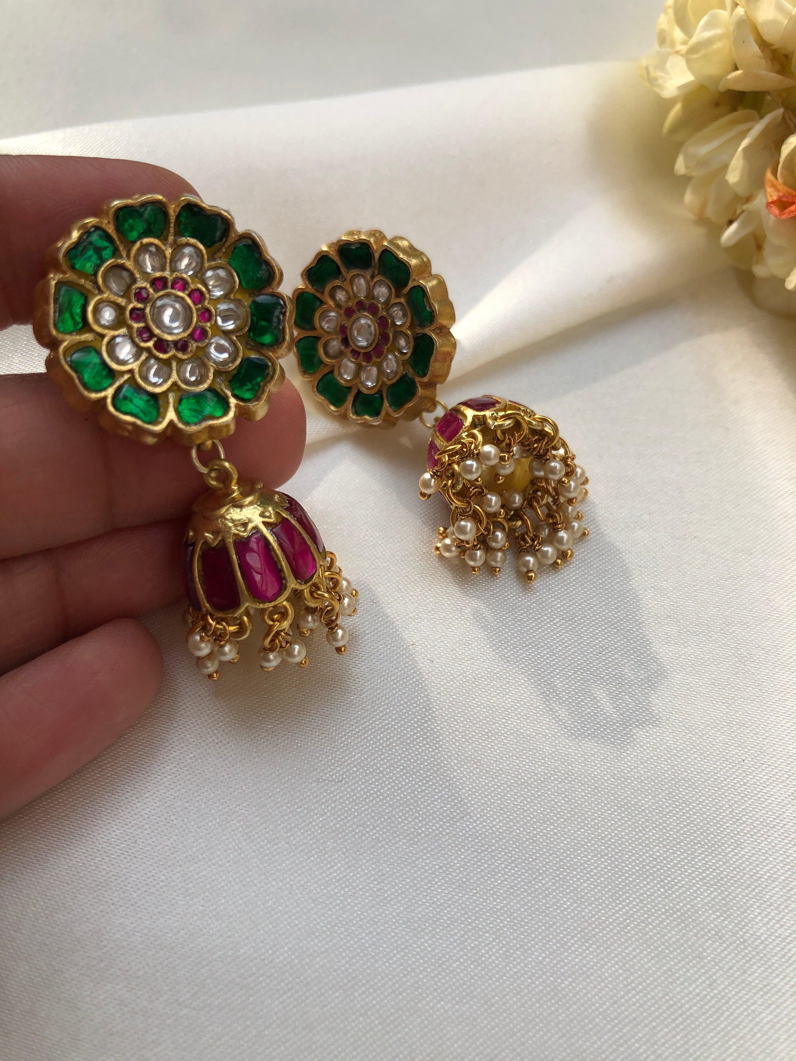 Kundan round green & ruby kundan jhumkas with pearls (MADE TO ORDER)-Earrings-PL-House of Taamara