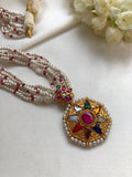 Kundan round navaratan pendant with pearls, ruby beads chain-Silver Neckpiece-PL-House of Taamara