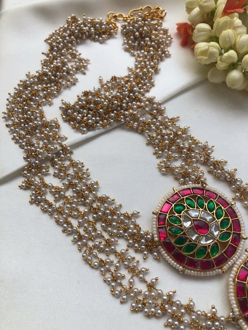 Kundan round necklace with pearls bunch long mala-Silver Neckpiece-PL-House of Taamara