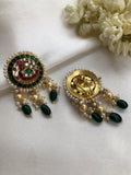 Kundan round peacock earrings with pearls & green beads-Earrings-PL-House of Taamara
