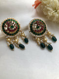 Kundan round peacock earrings with pearls & green beads-Earrings-PL-House of Taamara