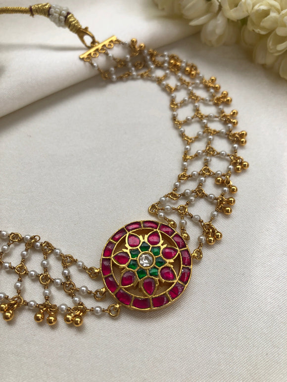 Kundan round pendant with jaali necklace with Gold gundu beads-Silver Neckpiece-PL-House of Taamara
