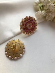 Kundan round studs with pearls & ruby stones-Earrings-PL-House of Taamara