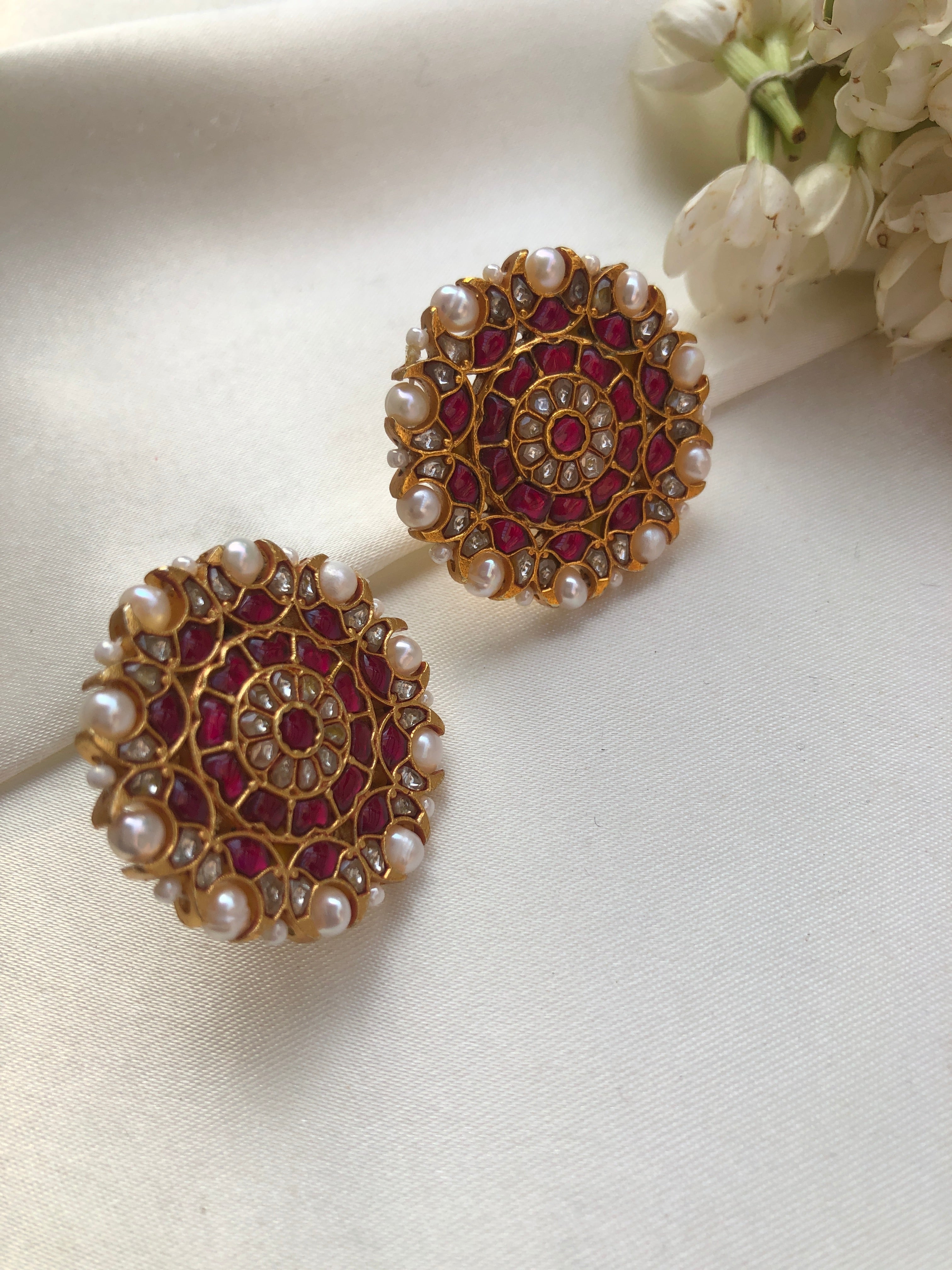 Kundan round studs with pearls & ruby stones-Earrings-PL-House of Taamara