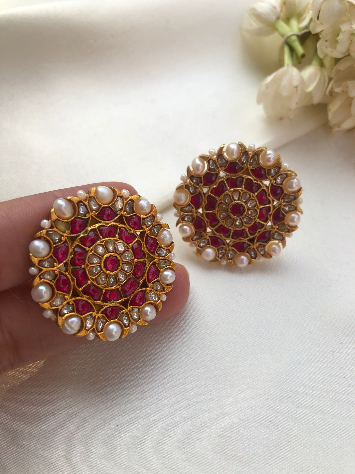 Kundan round studs with pearls & ruby stones-Earrings-PL-House of Taamara