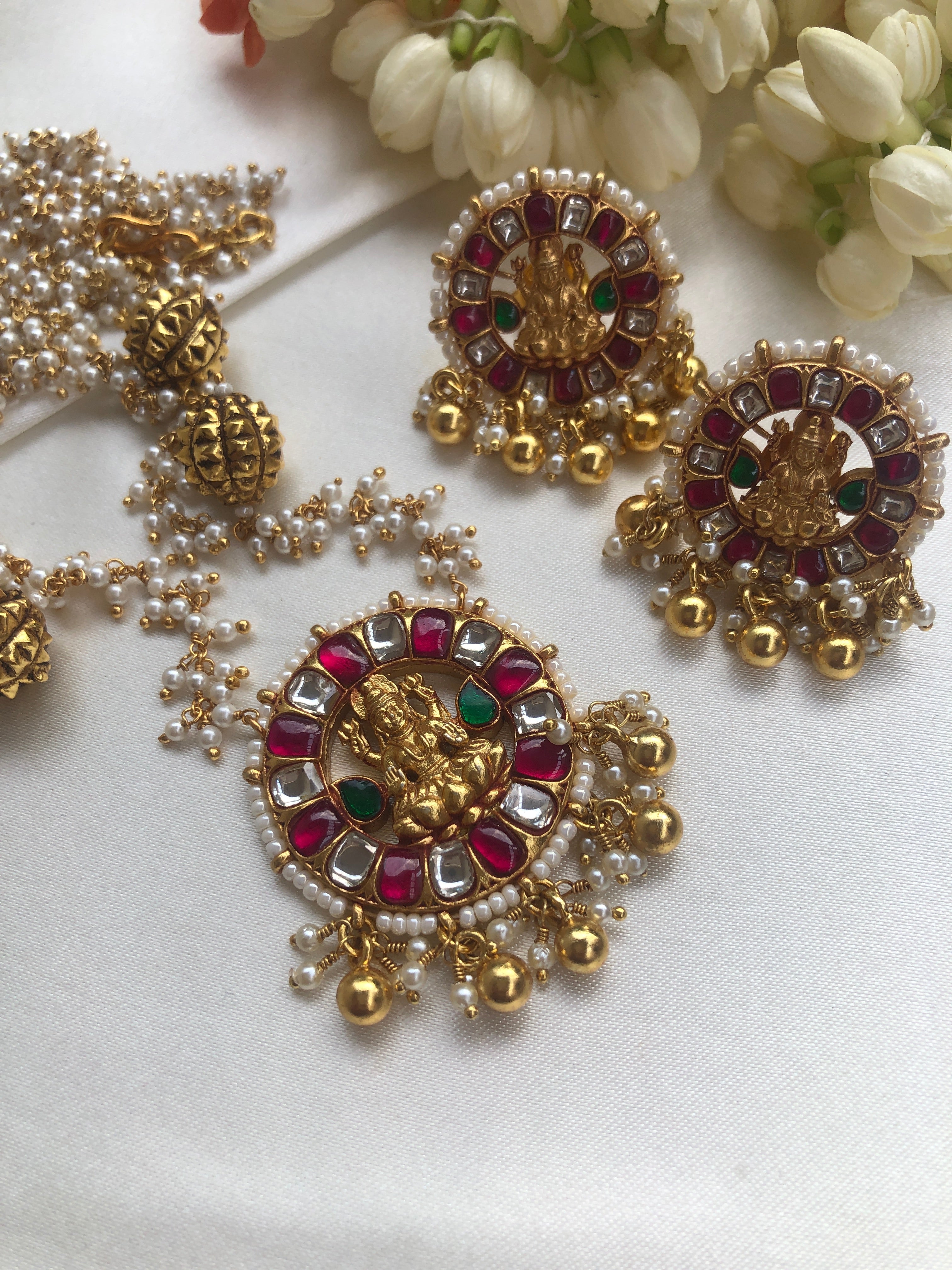Kundan & ruby Lakshmi round pendant with pearls bunch chain, SET-Silver Neckpiece-PL-House of Taamara