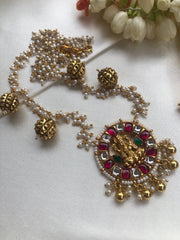 Kundan & ruby Lakshmi round pendant with pearls bunch chain, SET-Silver Neckpiece-PL-House of Taamara