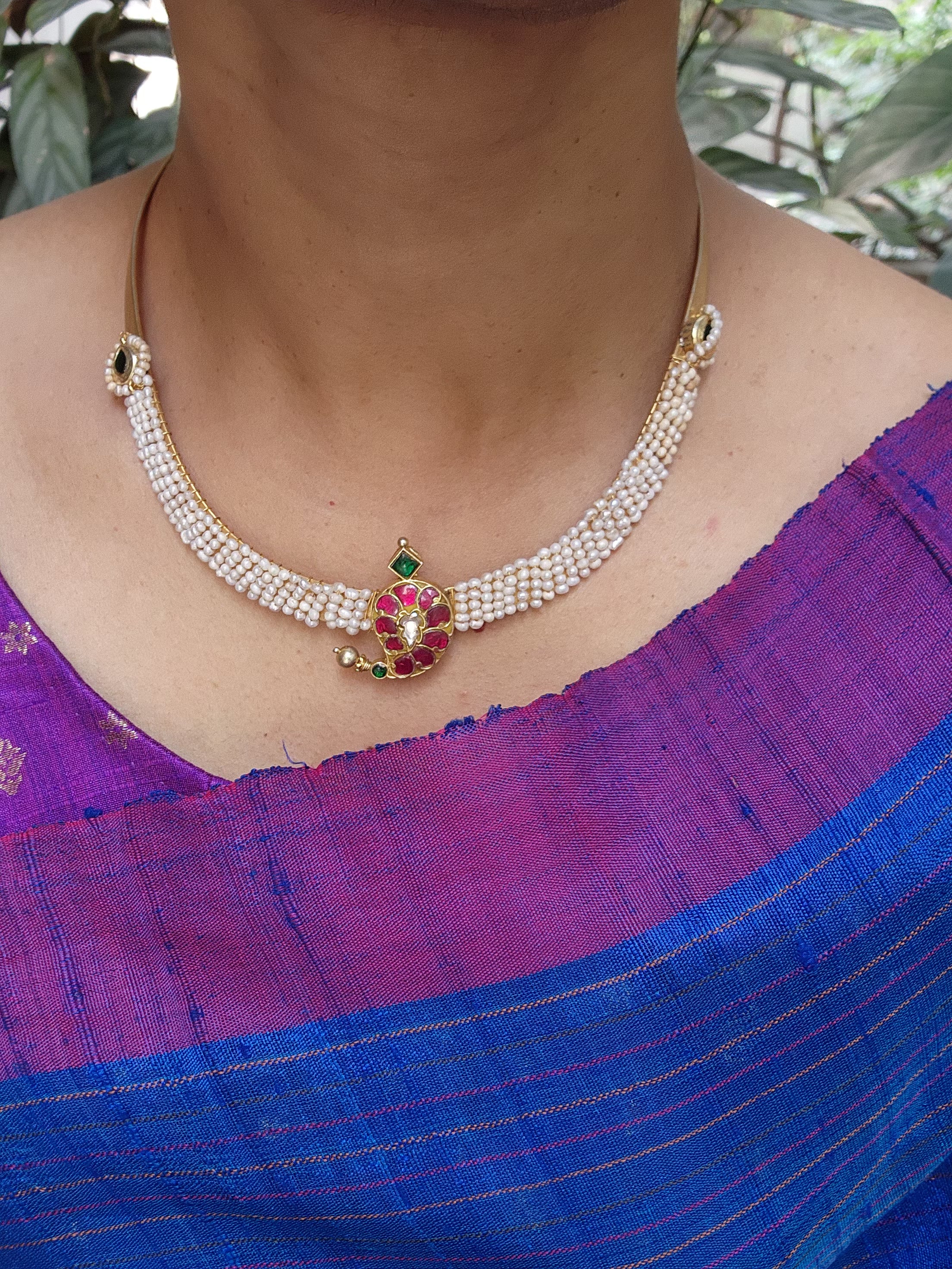 Kundan, ruby and emerald mango motif hasli with stringed pearls-Silver Neckpiece-CI-House of Taamara