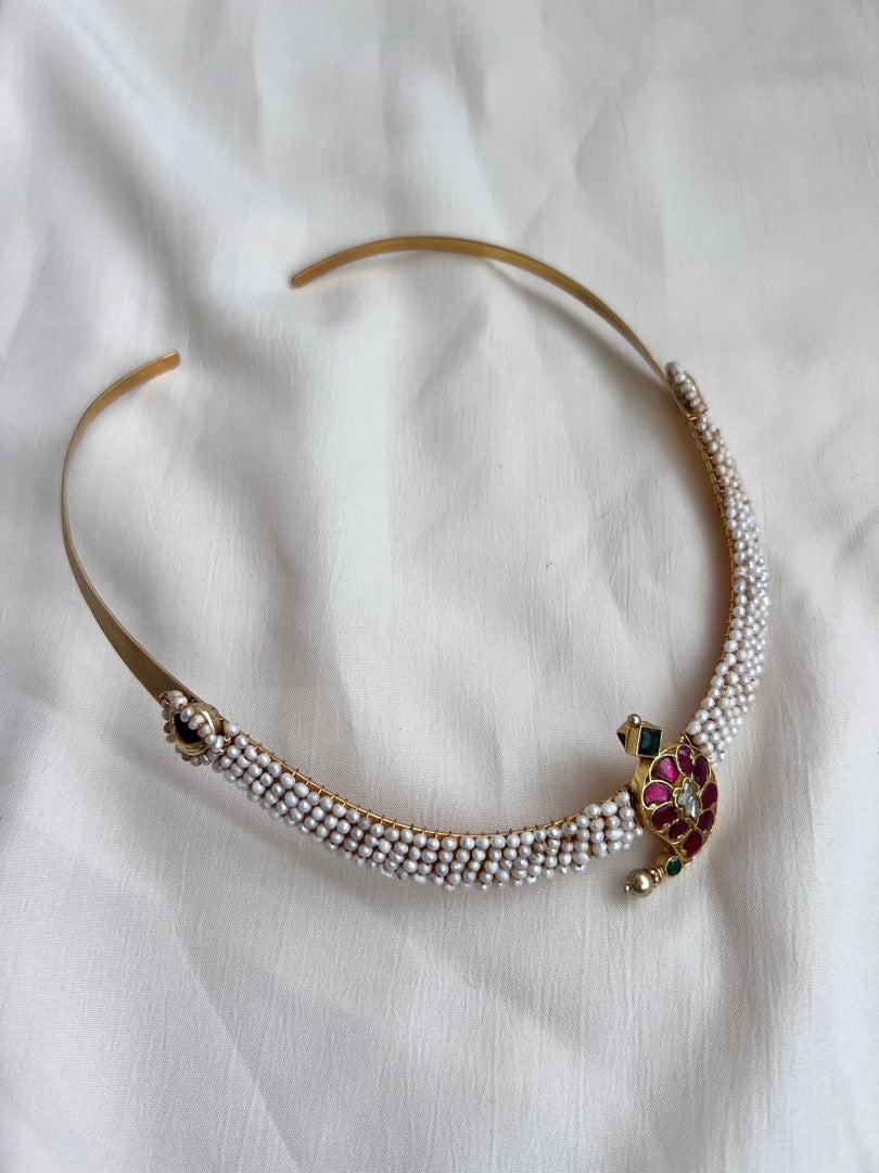 Kundan, ruby and emerald mango motif hasli with stringed pearls-Silver Neckpiece-CI-House of Taamara