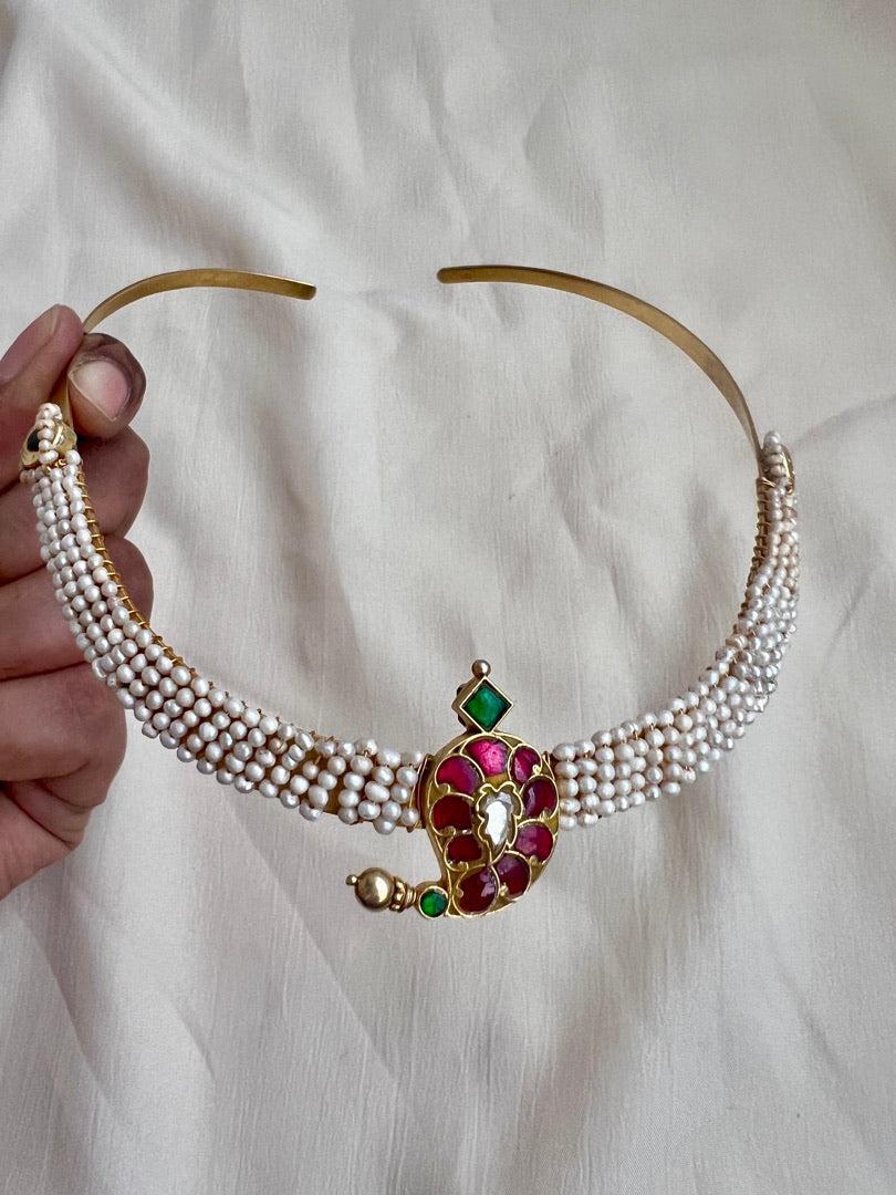 Kundan, ruby and emerald mango motif hasli with stringed pearls-Silver Neckpiece-CI-House of Taamara