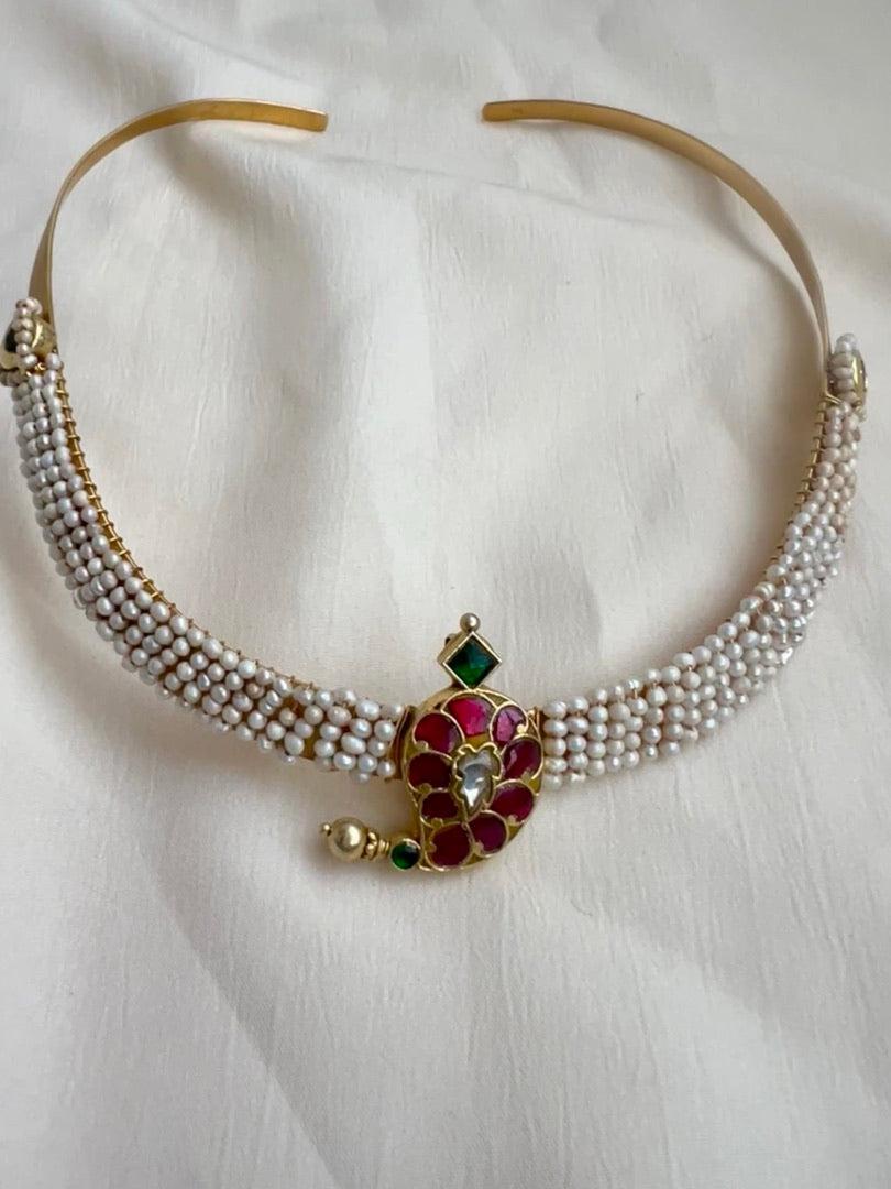 Kundan, ruby and emerald mango motif hasli with stringed pearls-Silver Neckpiece-CI-House of Taamara