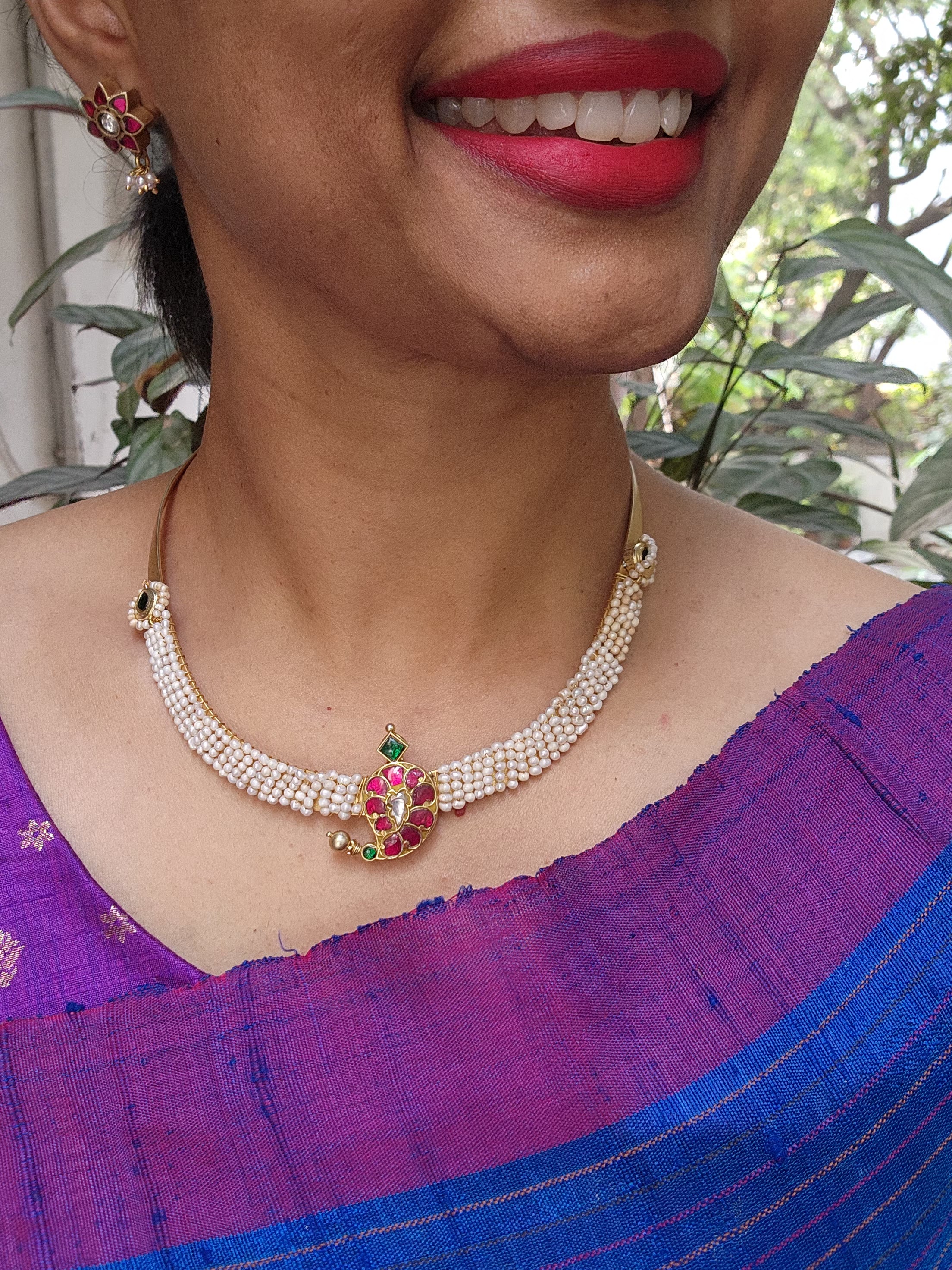 Kundan, ruby and emerald mango motif hasli with stringed pearls-Silver Neckpiece-CI-House of Taamara