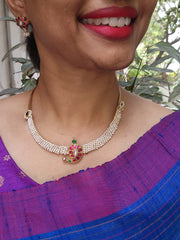 Kundan, ruby and emerald mango motif hasli with stringed pearls-Silver Neckpiece-CI-House of Taamara