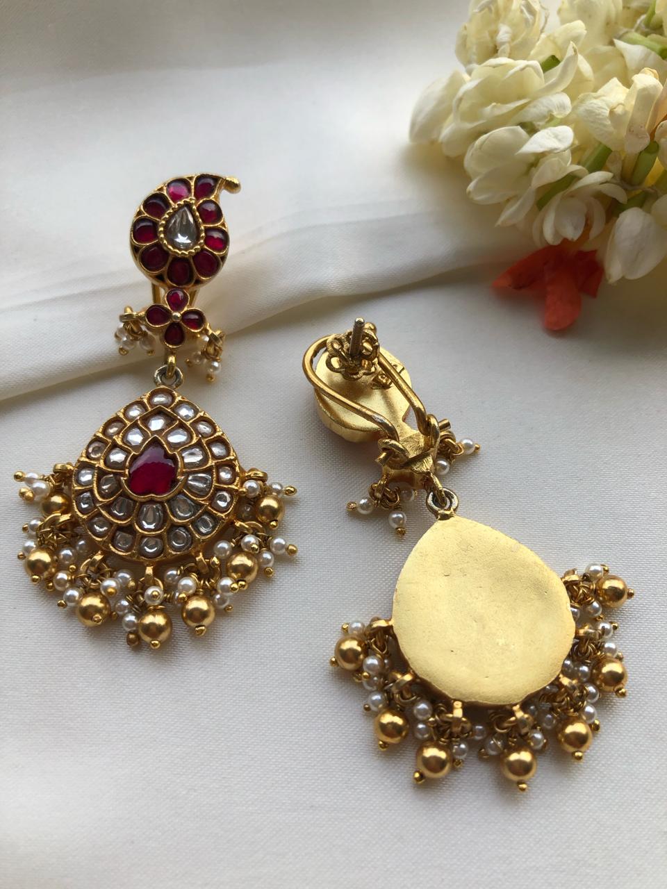 Kundan ruby and green jhumkas-Earrings-PL-House of Taamara