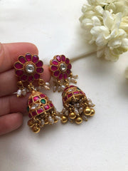 Kundan ruby and green jhumkas-Earrings-PL-House of Taamara