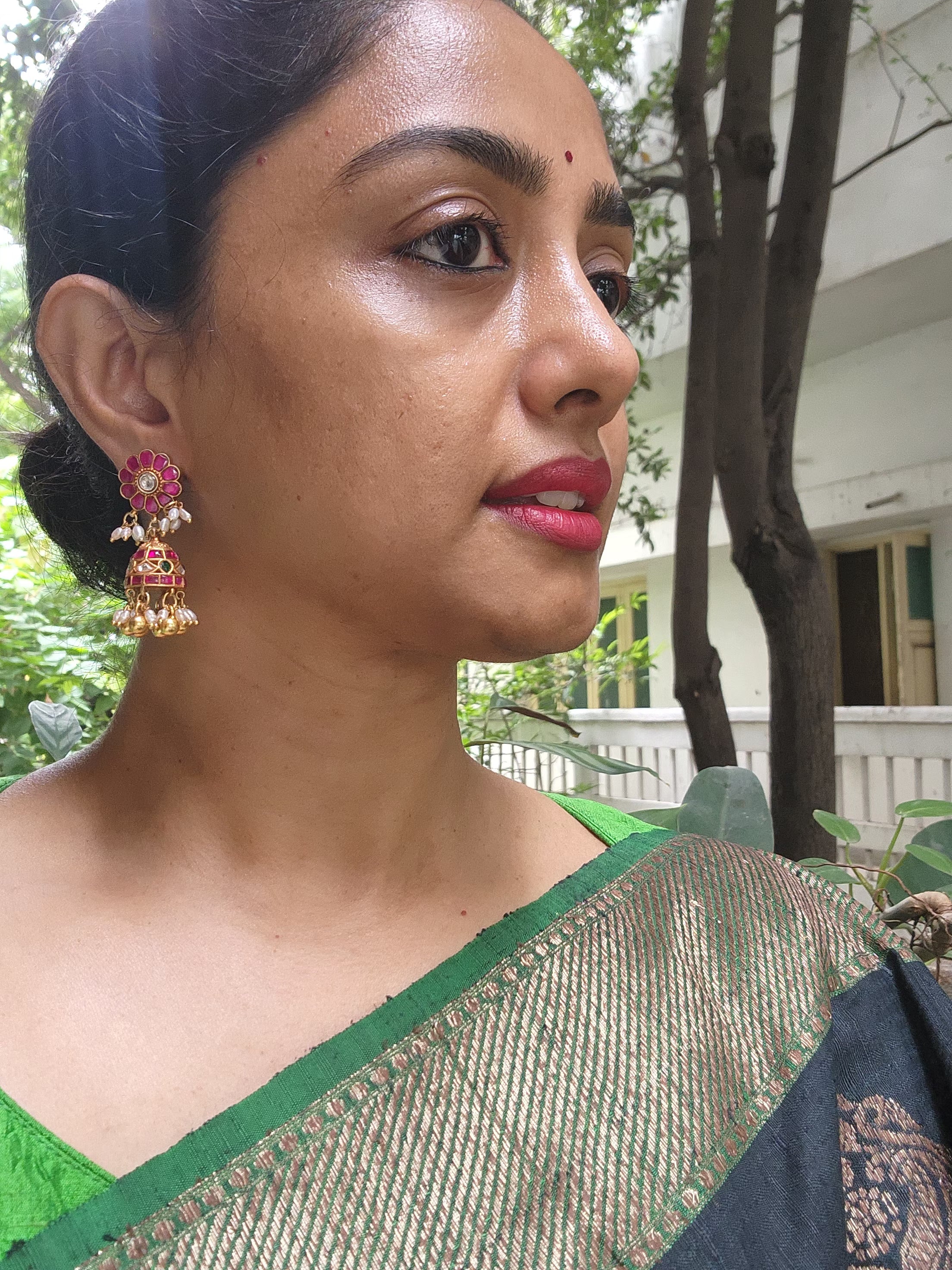 Kundan ruby and green jhumkas-Earrings-PL-House of Taamara