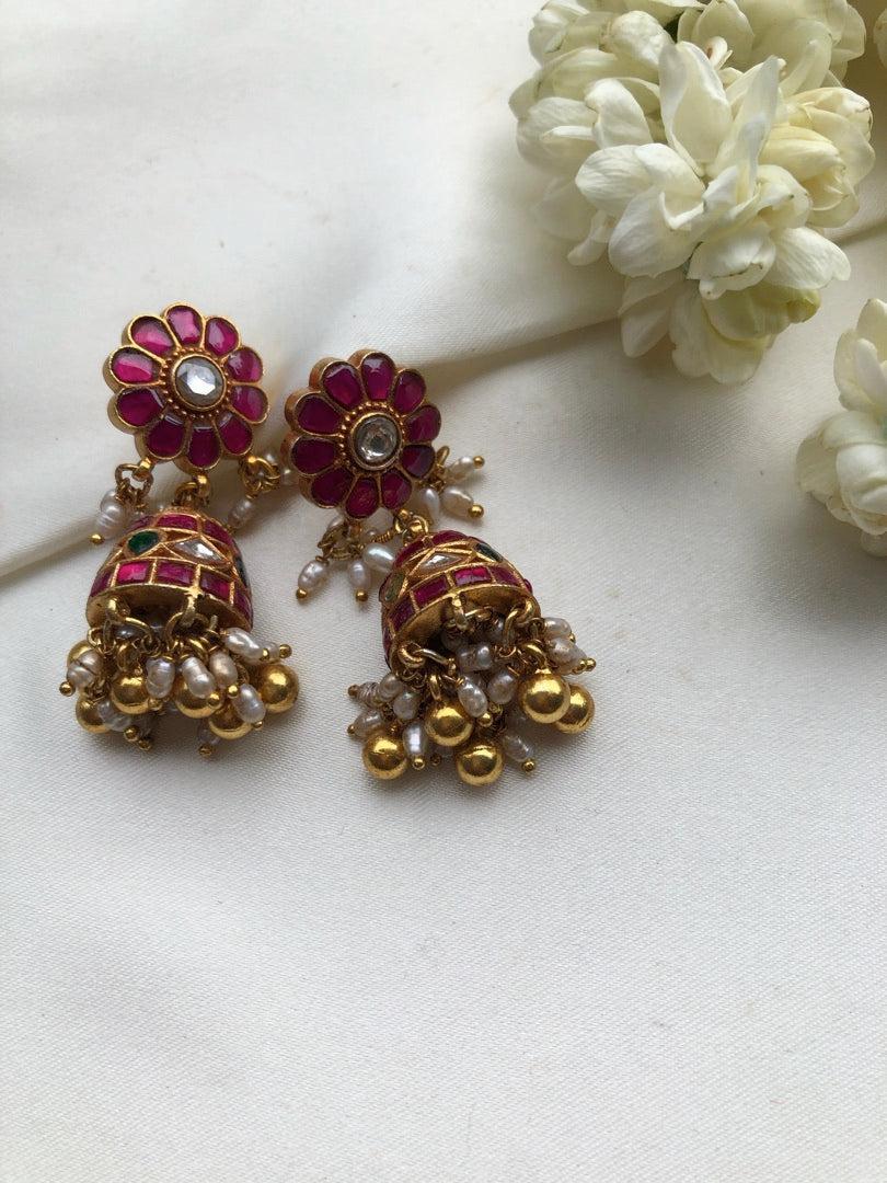 Kundan ruby and green jhumkas-Earrings-PL-House of Taamara