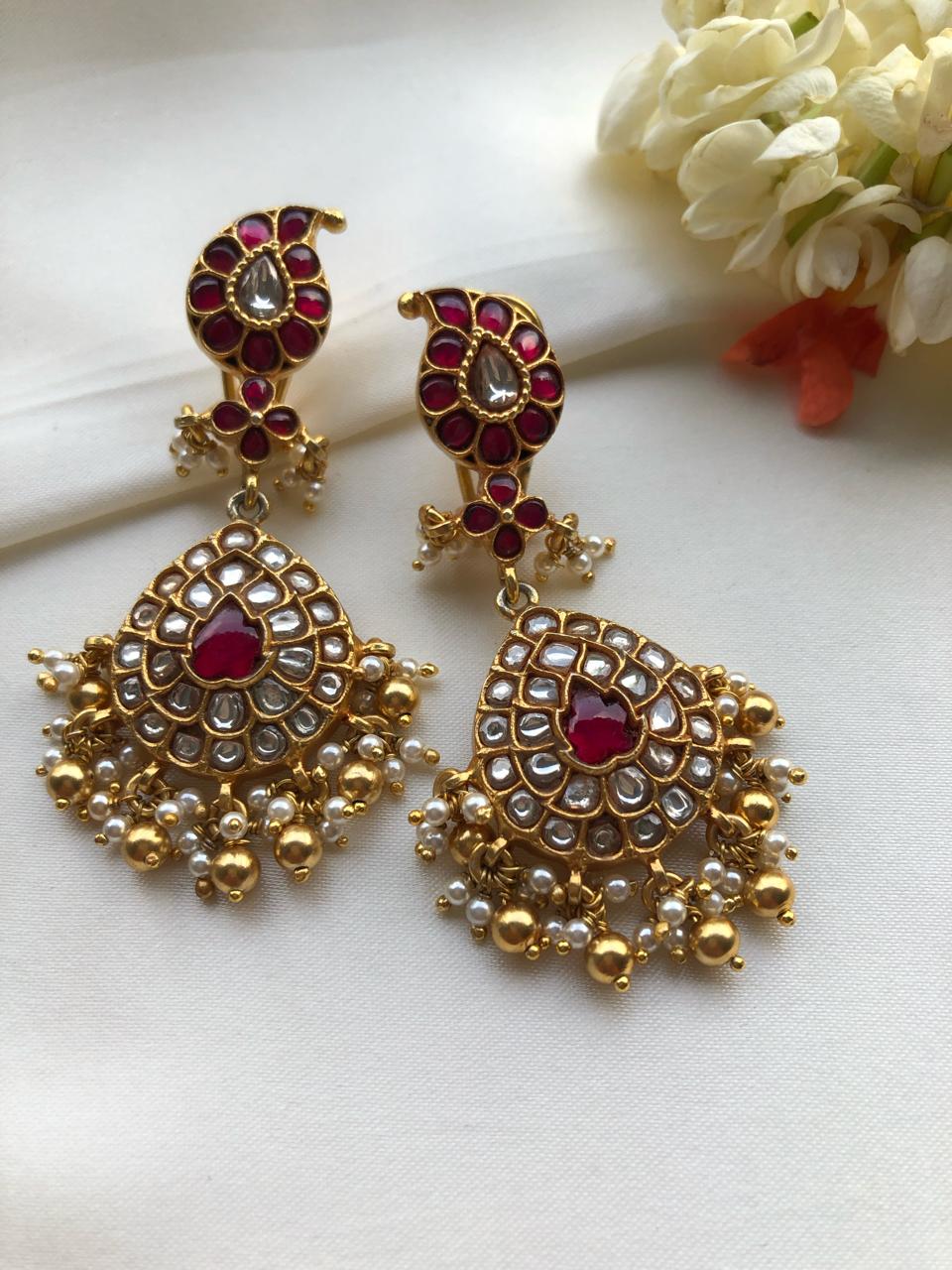 Kundan ruby and green jhumkas-Earrings-PL-House of Taamara