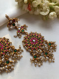 Kundan ruby and green long earrings with pearls-Earrings-PL-House of Taamara
