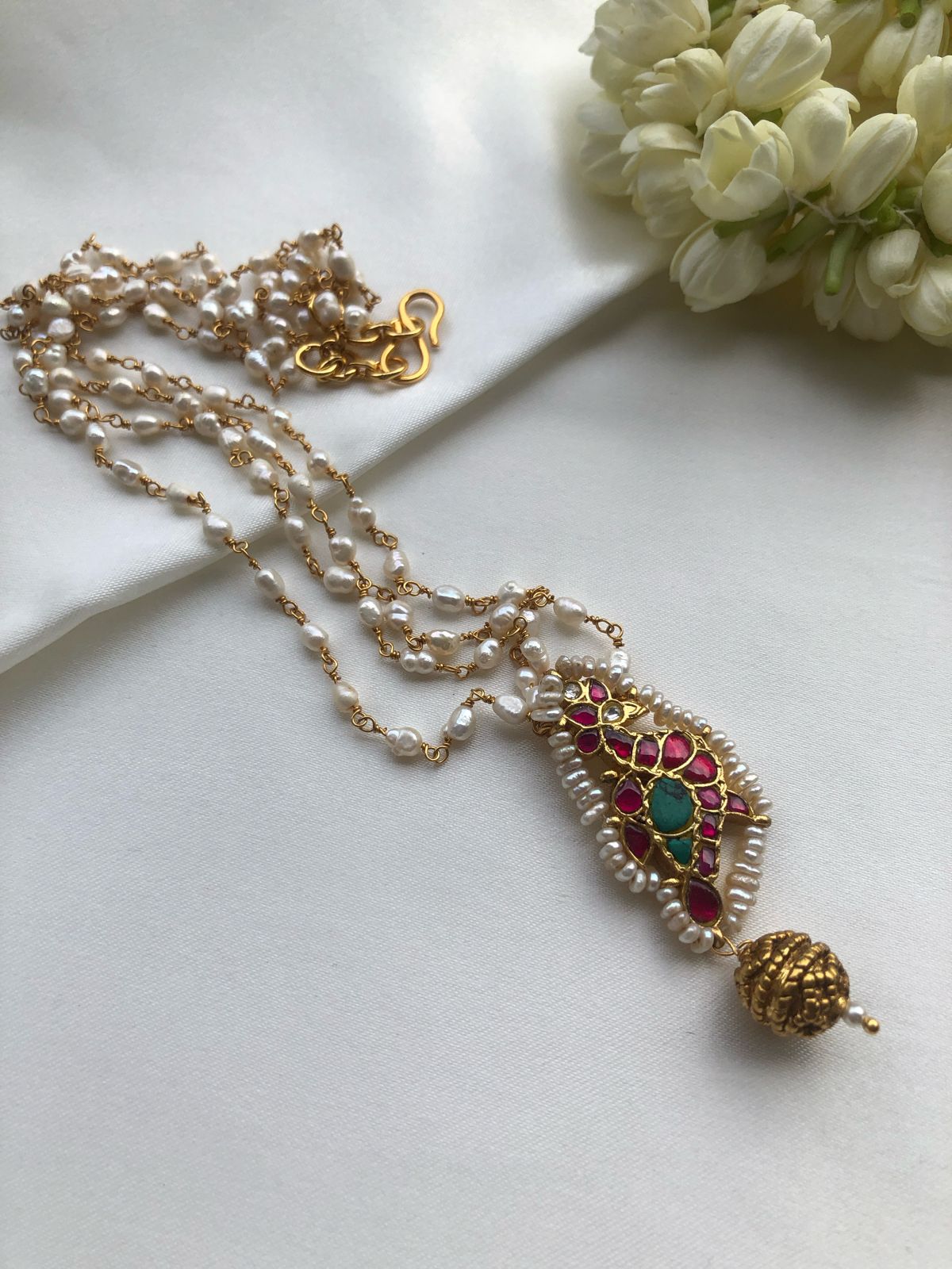 Kundan ruby and turquoise pendant with pearl chain-Silver Neckpiece-PL-House of Taamara