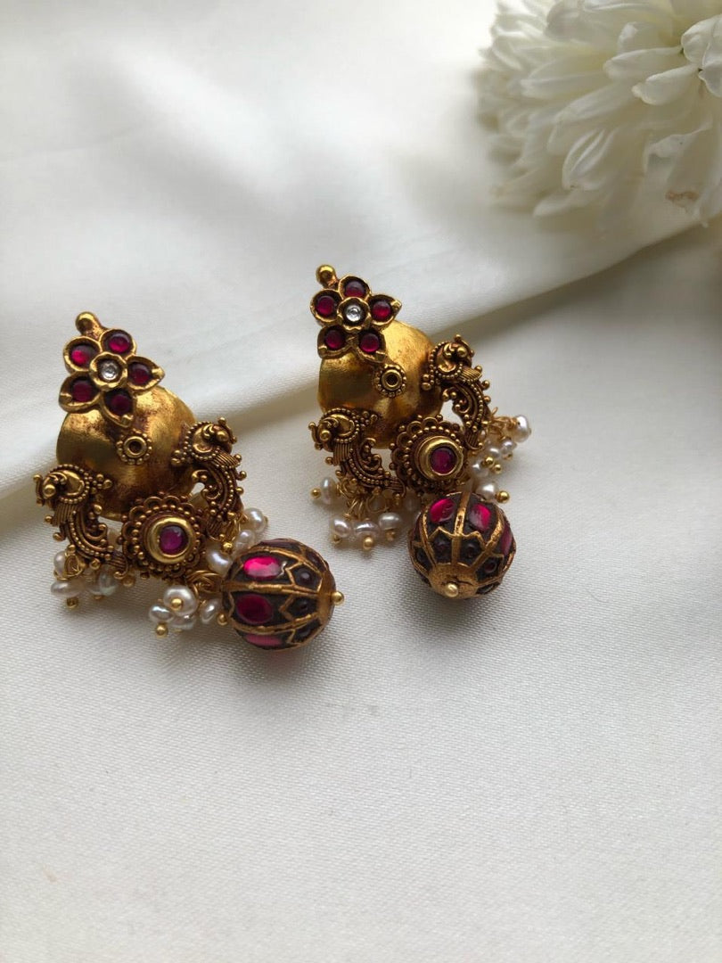 Kundan ruby bead antique style earrings-Earrings-PL-House of Taamara