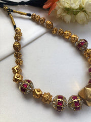 Kundan ruby beads mala with antique style gold beads-Silver Neckpiece-PL-House of Taamara