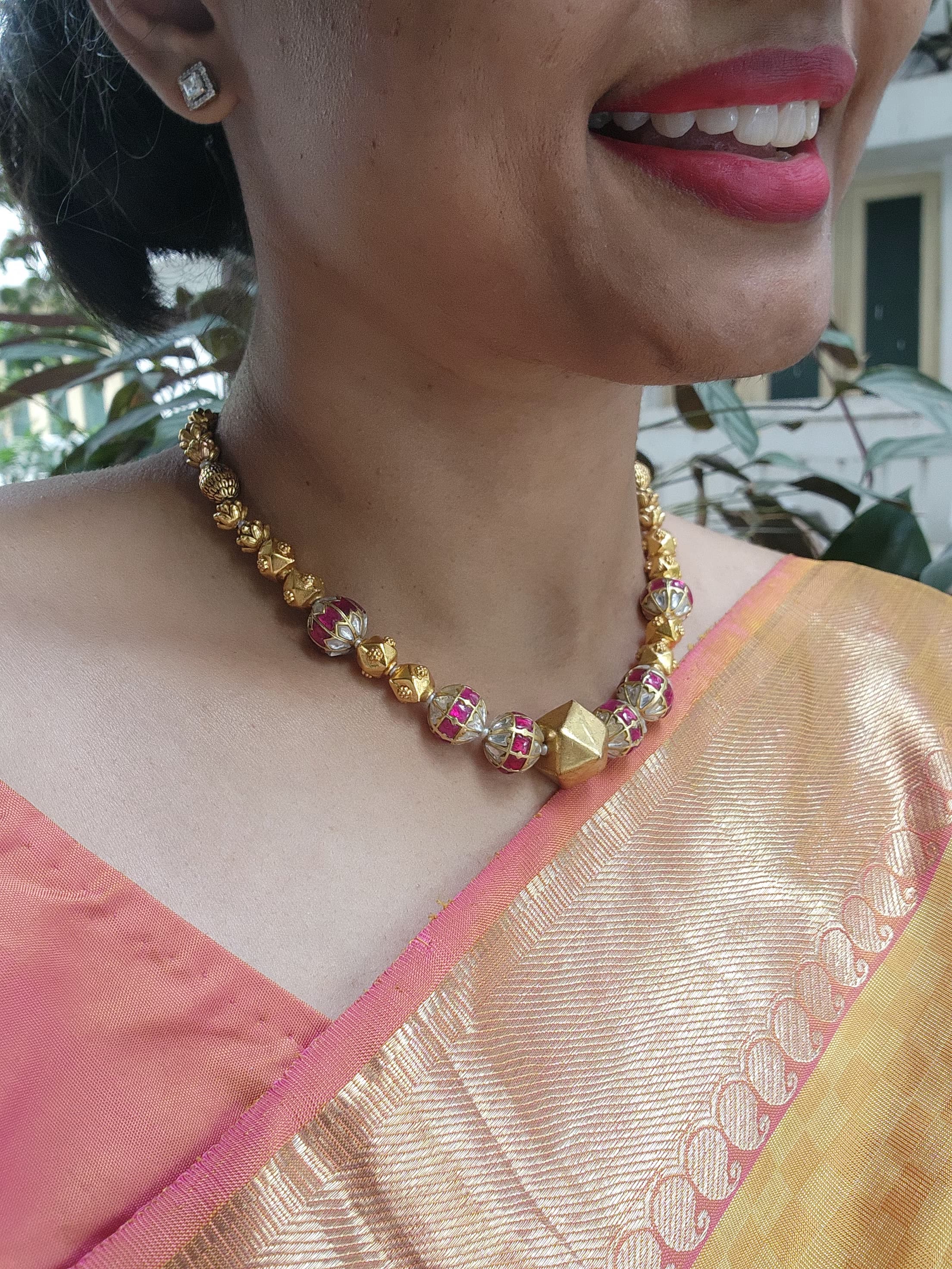 Kundan ruby beads mala with antique style gold beads-Silver Neckpiece-PL-House of Taamara