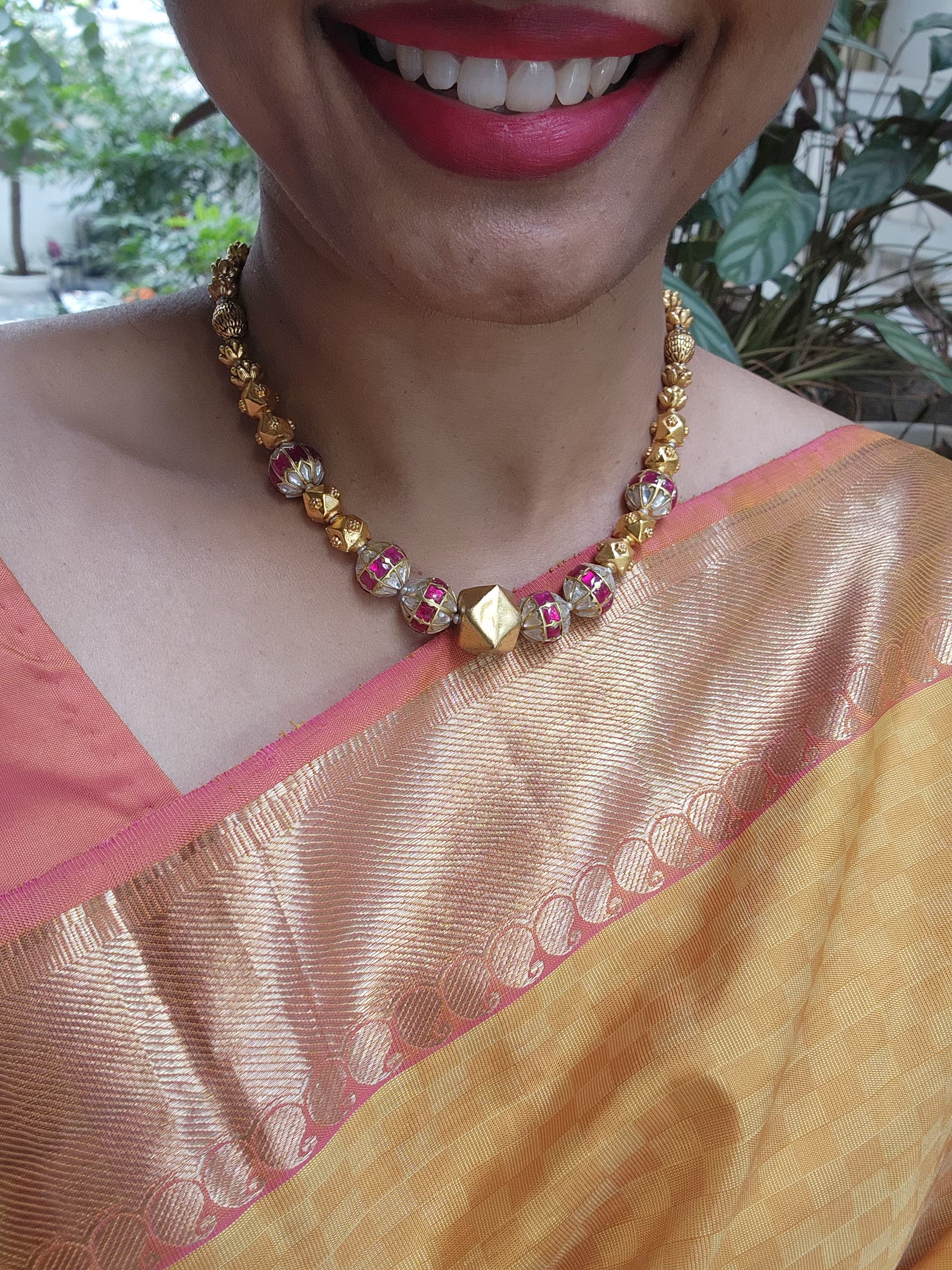 Kundan ruby beads mala with antique style gold beads-Silver Neckpiece-PL-House of Taamara