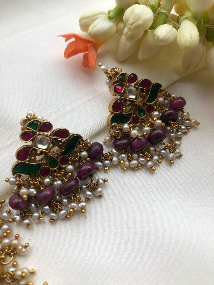 Kundan & ruby beads necklace with pearls bunch, SET-Silver Neckpiece-PL-House of Taamara