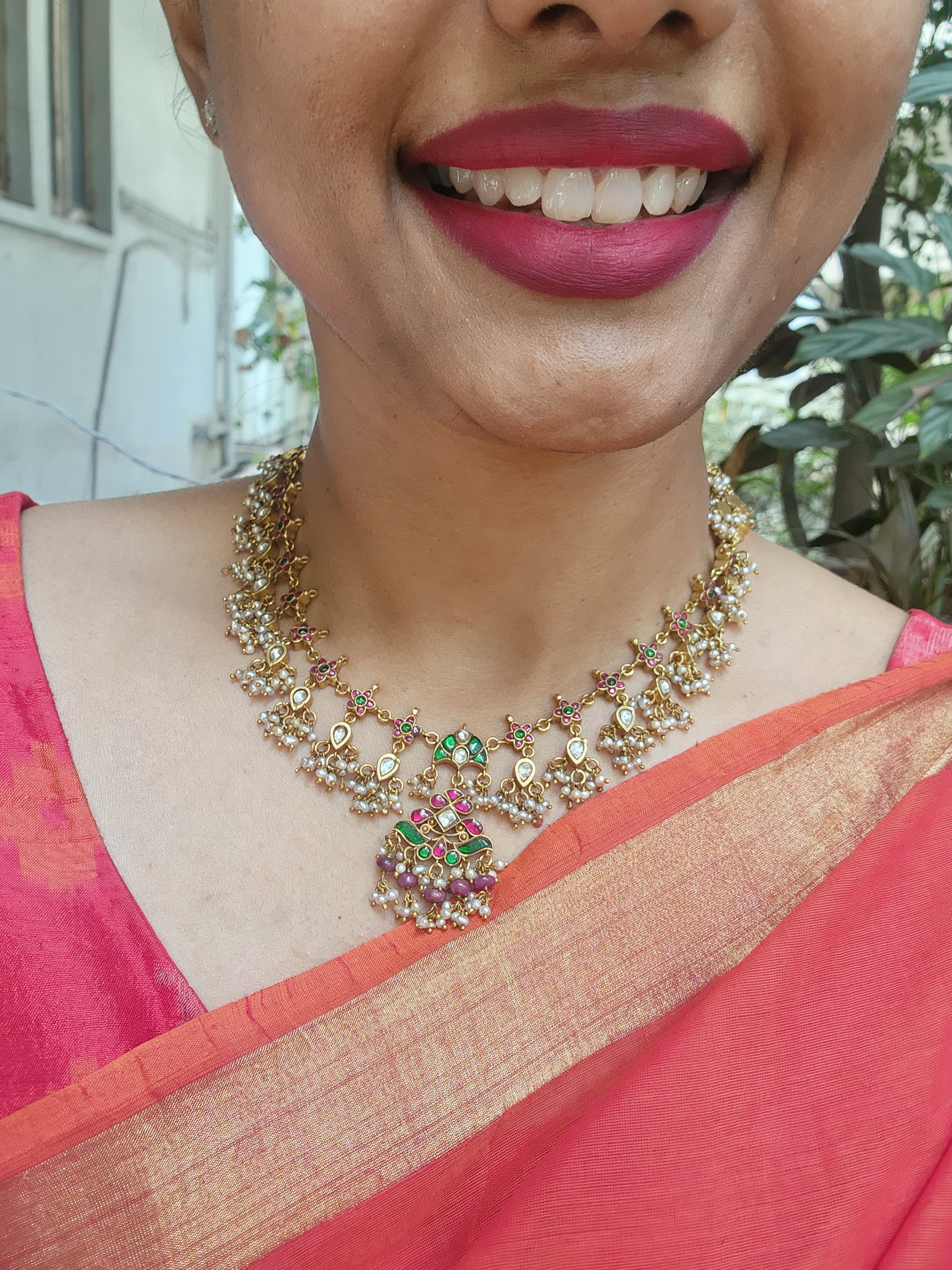 Kundan & ruby beads necklace with pearls bunch, SET-Silver Neckpiece-PL-House of Taamara