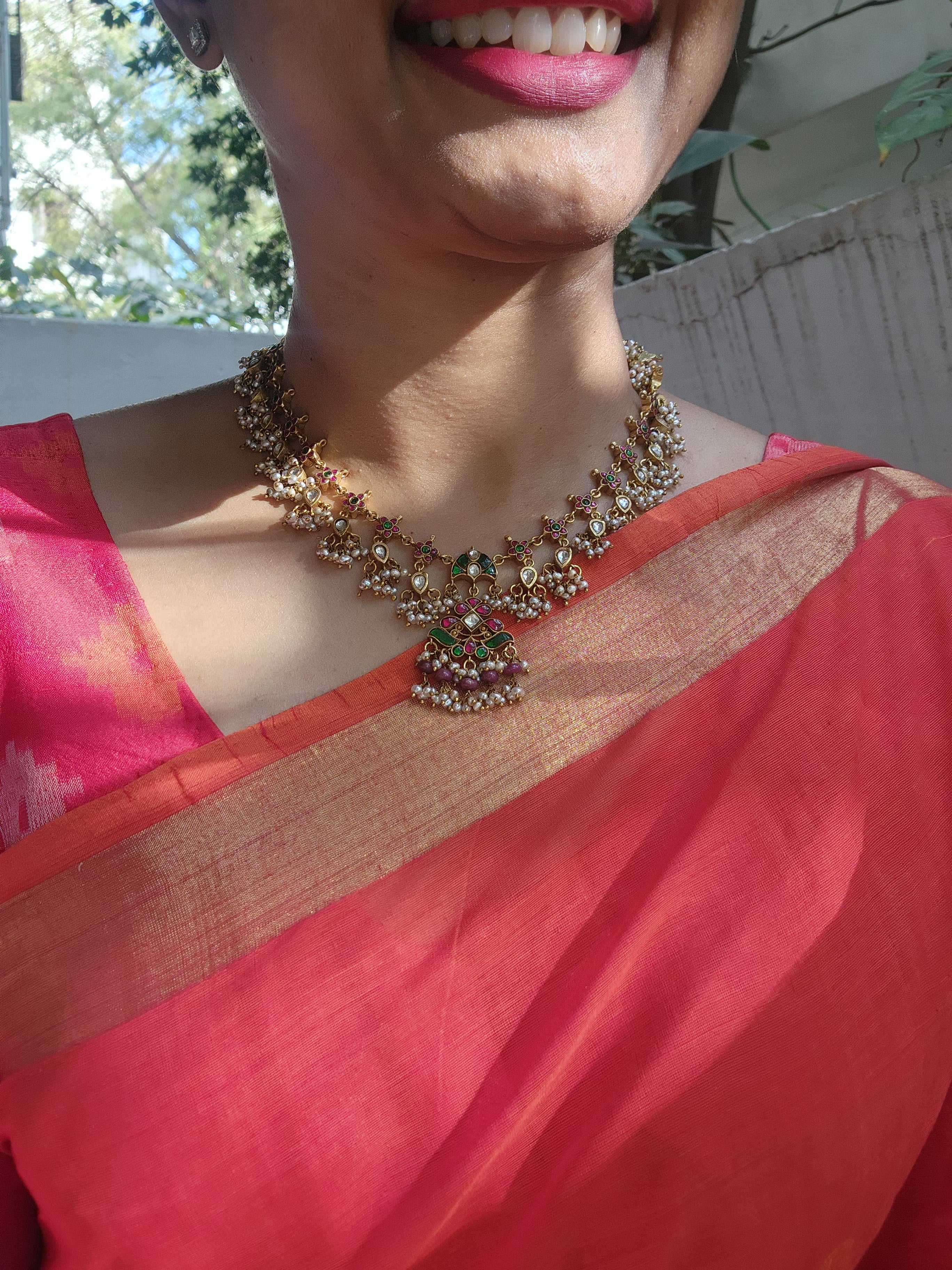 Kundan & ruby beads necklace with pearls bunch, SET-Silver Neckpiece-PL-House of Taamara