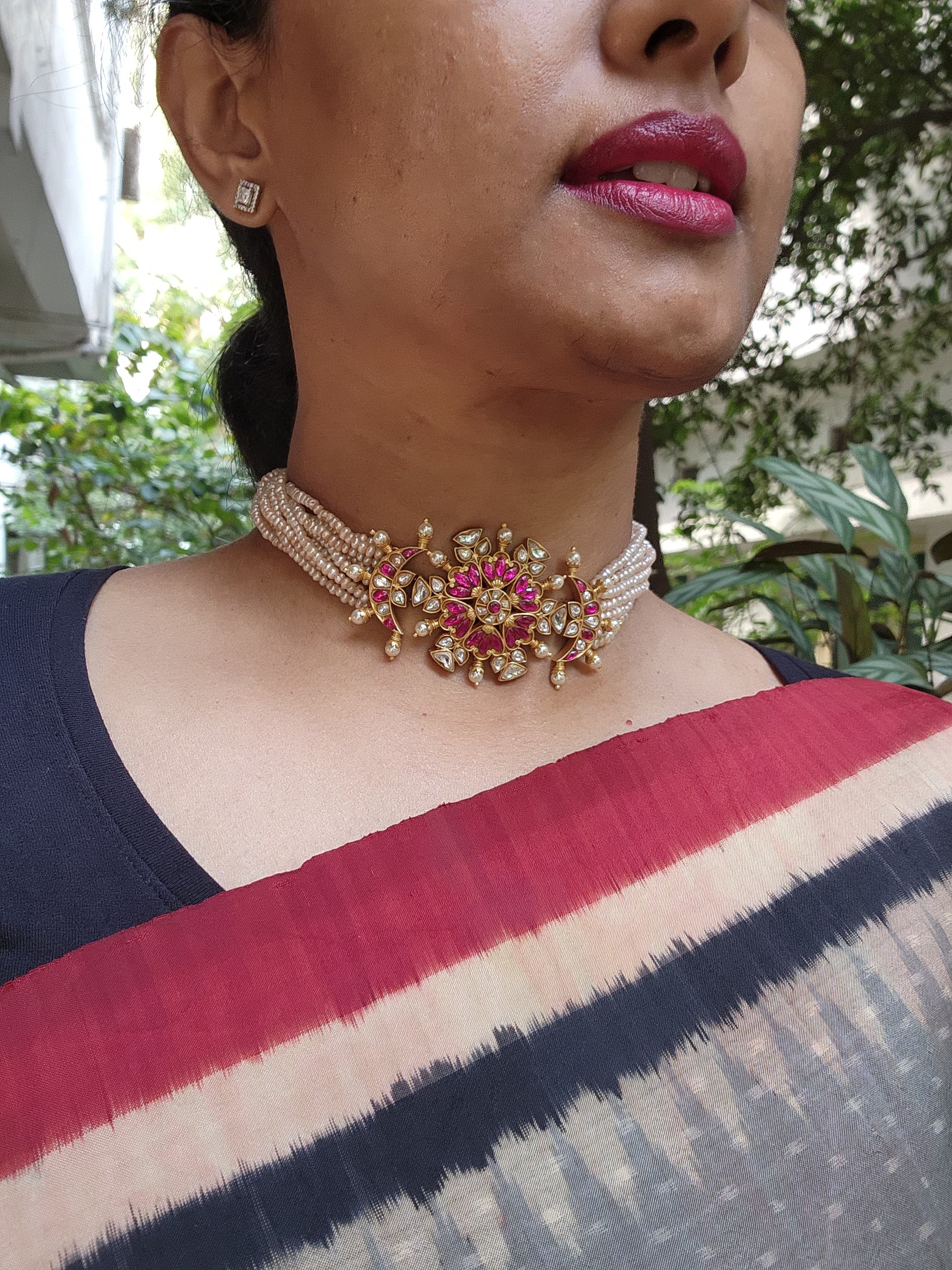 Kundan ruby choker with antique pearls-Silver Neckpiece-PL-House of Taamara